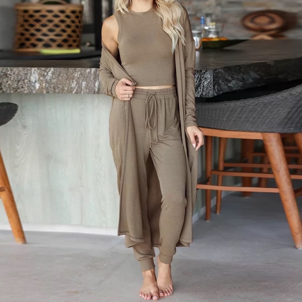 Loungewear Set Crop Top Joggers Pants Cardigan Taupe Neutral NOT SKIMS